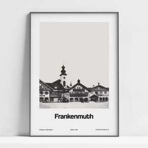 Frankenmuth MI Print, Downtown Frankenmuth Michigan Poster, Frankenmuth Skyline Black White Photo Wall Art Minimalist Custom City Print
