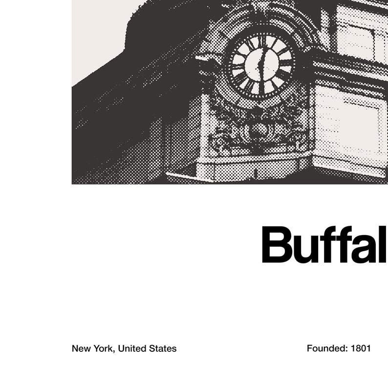 May include: Black and white illustration of a clock tower with the text "Buffalo" and "New York, United States" and "Founded: 1801".