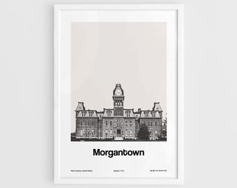 Morgantown West Virginia Print, Morgantown WV Poster, Morgantown Woodburn Hall College Wall Art Minimalist Custom College Town Print