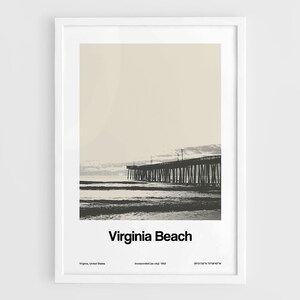 Virginia Beach Print, Virginia Beach VA Poster, Virginia Beach Pier Photography Black White Wall Art Minimalist Custom City Print by Artica