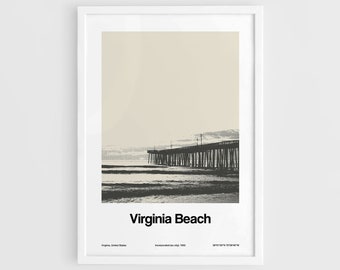 Virginia Beach Print, Virginia Beach VA Poster, Virginia Beach Pier Photography Black White Wall Art Minimalist Custom City Print by Artica