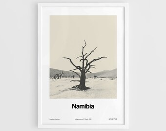 May include: A black and white photograph of a dead tree in a desert landscape. The text "Namibia" is printed below the image. The text "Independence 21 March 1990" is printed below the text "Namibia".