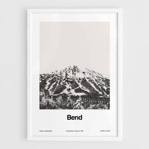 Bend OR Print, Bend Oregon Poster, Bend Winter Town Deschutes County, Bend Mount Bachelor Wall Art Minimalist Custom Winter Village Print