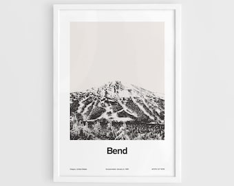 May include: A black and white photograph of a snow-capped mountain with ski runs visible. The text "Bend" is printed below the mountain, along with the words "Oregon, United States", "Incorporated: January 4, 1889", and "44°05'N 121°13'W".