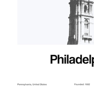 Op de afbeelding: Zwart-witte illustratie van een hoog gebouw met een klokkentoren. De tekst "Philadelphia" staat onder de afbeelding. De tekst "Pennsylvania, Verenigde Staten" staat onder de tekst "Philadelphia". De tekst "Gesticht: 1682" staat onder de tekst "Pennsylvania, Verenigde Staten".