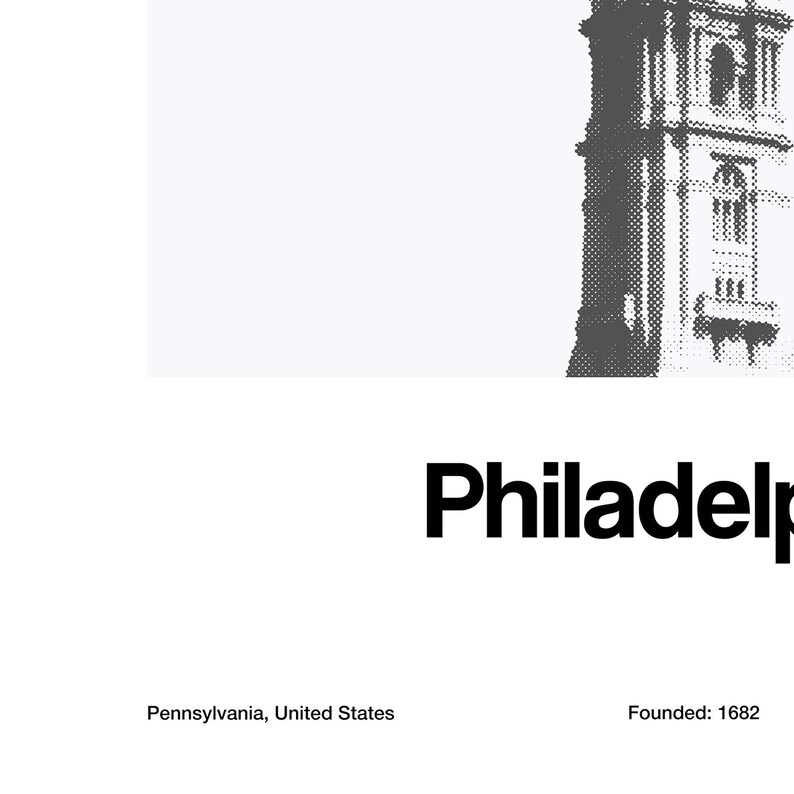 Op de afbeelding: Zwart-witte illustratie van een hoog gebouw met een klokkentoren. De tekst "Philadelphia" staat onder de afbeelding. De tekst "Pennsylvania, Verenigde Staten" staat onder de tekst "Philadelphia". De tekst "Gesticht: 1682" staat onder de tekst "Pennsylvania, Verenigde Staten".