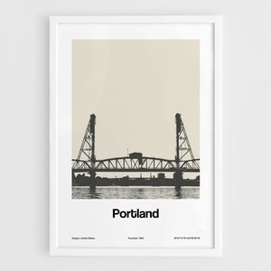 Portland Oregon Print, Hawthorne Bridge Poster, Portland OR Skyline Willamette River Wall Art Minimalist Custom City Print by Artica