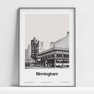 Birmingham Alabama Poster, Birmingham AL Print, Birmingham Alabama Theater Schwarz Weiß, Birmingham Wandkunst Minimalistisch Custom City Print