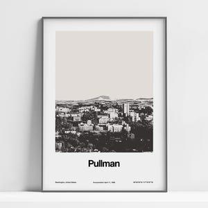 Impresión de Pullman WA, póster del estado de Pullman Washington, póster con foto de Pullman en blanco y negro con horizonte de Pullman, póster minimalista personalizado con impresión de ciudad