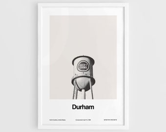 Impression du centre-ville de Durham, affiche de la Caroline du Nord de Durham, château d’eau Lucky Strike Durham NC Skyline Wall Art Impression municipale personnalisée minimaliste