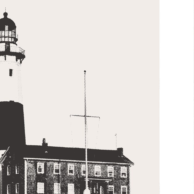 May include: A black and white image of a lighthouse with a tall tower and a smaller building attached. The lighthouse has a flagpole with a flag on top. The building has multiple windows.