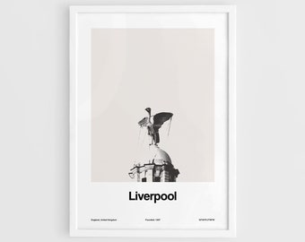 Liver Bird on Royal Liver Building in Liverpool England, Pier Head Liverpool Skyline Poster Wall Art Minimalist Custom City Print by Artica