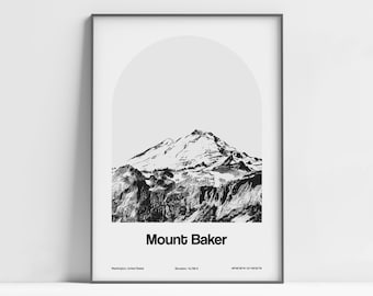 Plakat Mount Baker, wydruk Mt Baker WA, Mount Baker Washington czarno-biały, Mt Baker Kulshan Mount Wall Art Minimalistyczny niestandardowy wydruk górski