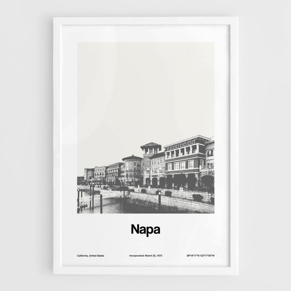Napa CA Print, Napa California Poster, Downtown Napa River Photo Black White, Napa County California Wall Art Minimalist Custom City Print