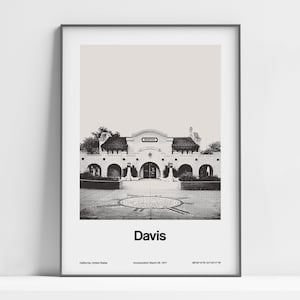 Davis CA print, Davis California poster, Davis station zwart wit, Sacramento Valley foto, Davis CA Wall Art minimalistische aangepaste stad print