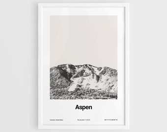 Aspen Mountain Poster, Aspen Colorado Print,  City of Aspen CO Photo, Aspen Black and White Wall Art Minimalist Custom Winter Village Print