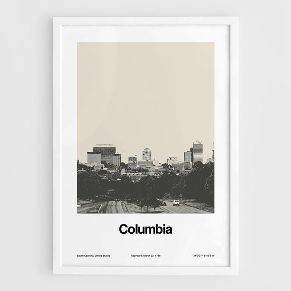 Columbia SC Print, Columbia City Poster, Columbia South Carolina Photo, Columbia Skyline Black White Wall Art Minimalist Custom City Print