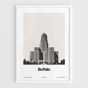 May include: Black and white illustration of the Buffalo City Hall building in Buffalo, New York. The text "Buffalo" is below the building, with the text "New York, United States" and "Founded 1801" below that.