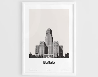 Buffalo NY Print, Buffalo City Hall New York Poster, Buffalo Skyline Black White Photo Buffalo NY Wall Art Minimalist Custom City Print