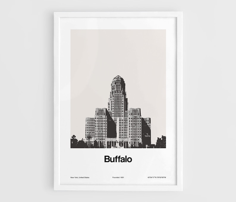May include: Black and white illustration of the Buffalo City Hall building in Buffalo, New York. The text "Buffalo" is below the building, with the text "New York, United States" and "Founded 1801" below that.