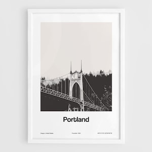 Portland OR Print, St. Johns Bridge on Willamette River in Portland Oregon Cathedral Park Wall Art Minimalist Custom City Print by Artica