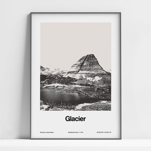Glacier National Park Poster, Glacier Print, Glacier Mountains, Glacier National Park Black White Wall Art Minimalist Custom Parks Print