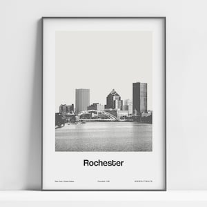 Rochester NY Print, Rochester New York Poster, Rochester Skyline Black White Photo Rochester NY Wall Art Minimalist Custom City Print