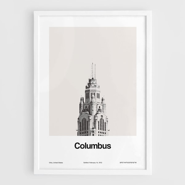 Columbus OH Print, LeVeque Tower skyscraper in Downtown Columbus Ohio Minimalism Poster Wall Art Minimalist Custom City Print by Artica