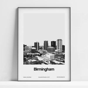 Affiche Downtown Birmingham AL, Birmingham Alabama Print, Birmingham Skyline Black White Photo Alabama Wall Art Minimalist Custom City Print