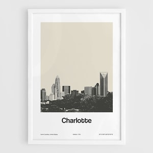 Charlotte NC Print, Charlotte North Carolina Poster, Charlotte NC Skyline, North Carolina Wall Art Minimalist Custom City Print by Artica