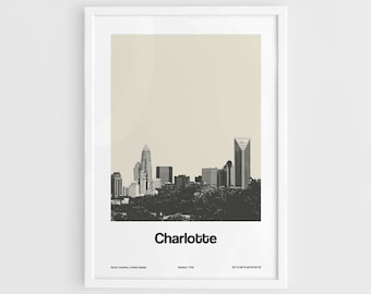 Charlotte NC Print, Charlotte North Carolina Poster, Charlotte NC Skyline, North Carolina Wall Art Minimalist Custom City Print by Artica