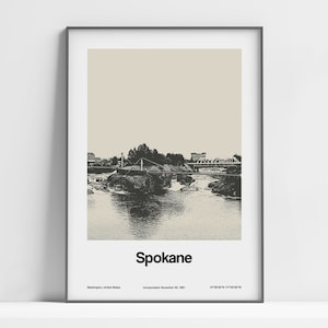Spokane Falls Washington Poster, Spokane WA Print,  Spokane River Black White, Spokane Falls Wall Art Minimalist Art Custom City Print