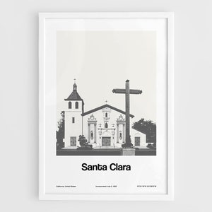 Santa Clara Print,  Mission Santa Clara de Asis California Poster, Santa Clara Photography Black White Wall Art Minimalist Custom City Print