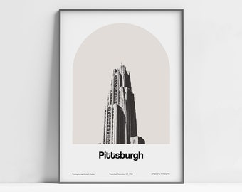 May include: A black and white illustration of a tall building with a pointed roof, set against a light beige background. The text "Pittsburgh" is below the building, with the words "Pennsylvania, United States" and "Founded November 22, 1788" below that.