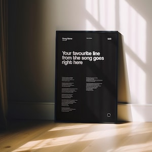 May include: Black framed poster with white text that reads "Your favourite line from the song goes right here." The poster also includes the song name, artist, and a section for the song lyrics. The poster is leaning against a white wall.