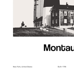 May include: Black and white illustration of Montauk Point Lighthouse, built in 1796, in New York, United States.