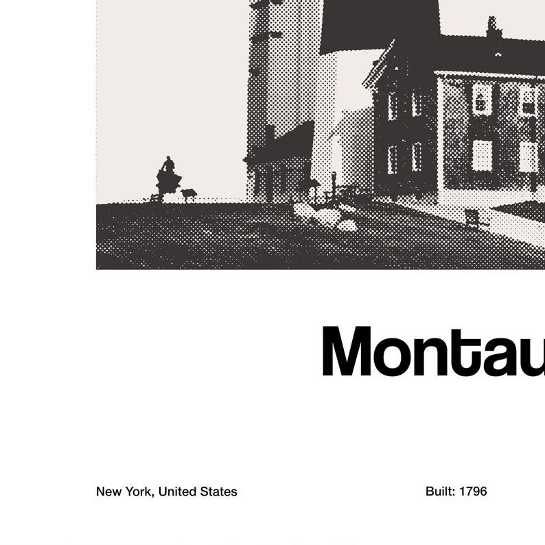 May include: Black and white illustration of Montauk Point Lighthouse, built in 1796, in New York, United States.