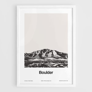 Boulder CO Print, Boulder Colorado Poster The Flatirons rock Mountains Winter Town Skyline Wall Art Minimalist Custom City Print by Artica