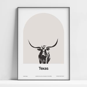 Impresión de Texas Longhorn, póster de arco de Texas, rancho de Texas en blanco y negro, arte de pared de granja Texas State TX Longhorn, impresión de arco de ciudad minimalista personalizada