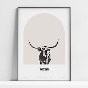 Texas Longhorn Print, Texas Arch Poster, Texas Ranch Black White, Texas State TX Longhorn Farm Wall Art Minimalist Custom City Arch Print