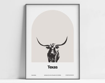 Texas Longhorn Print, Texas Arch Poster, Texas Ranch Black White, Texas State TX Longhorn Farm Wall Art Minimalist Custom City Arch Print