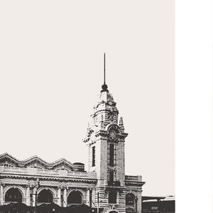 May include: Black and white illustration of a building with a clock tower. The building has a detailed facade with arches and windows. The clock tower has a pointed roof and a clock face.