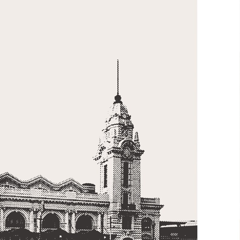 May include: Black and white illustration of a building with a clock tower. The building has a detailed facade with arches and windows. The clock tower has a pointed roof and a clock face.