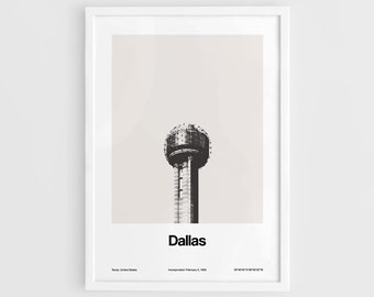 Dallas Print, Reunion Tower Dallas TX Poster, Dallas Texas Photography Dallas Skyline Cityscape Minimalist Custom City Print by Artica