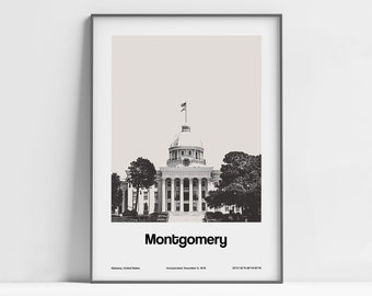 Montgomery Alabama Poster, Montgomery AL Print, Montgomery Alabama State Capitol Black White Photo Wall Art Minimalist Custom City Print