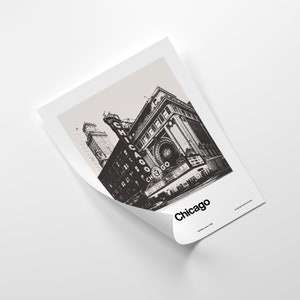 Pu&ograve; includere: Illustrazione in bianco e nero del marciapiede del Chicago Theatre con la parola "Chicago" in grandi lettere. L'edificio &egrave; un esempio classico dell'architettura di Chicago.