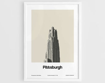 May include: A black and white photograph of a tall building with a pointed roof. The building is against a light beige background. The text "Pittsburgh" is printed in black below the building. The text "Pennsylvania, United States" is printed in black below the text "Pittsburgh". The text "Founded November 27, 1788" is printed in black below the text "Pennsylvania, United States". The text "40°26'32"N 79°57'18"W" is printed in black below the text "Founded November 27, 1788".
