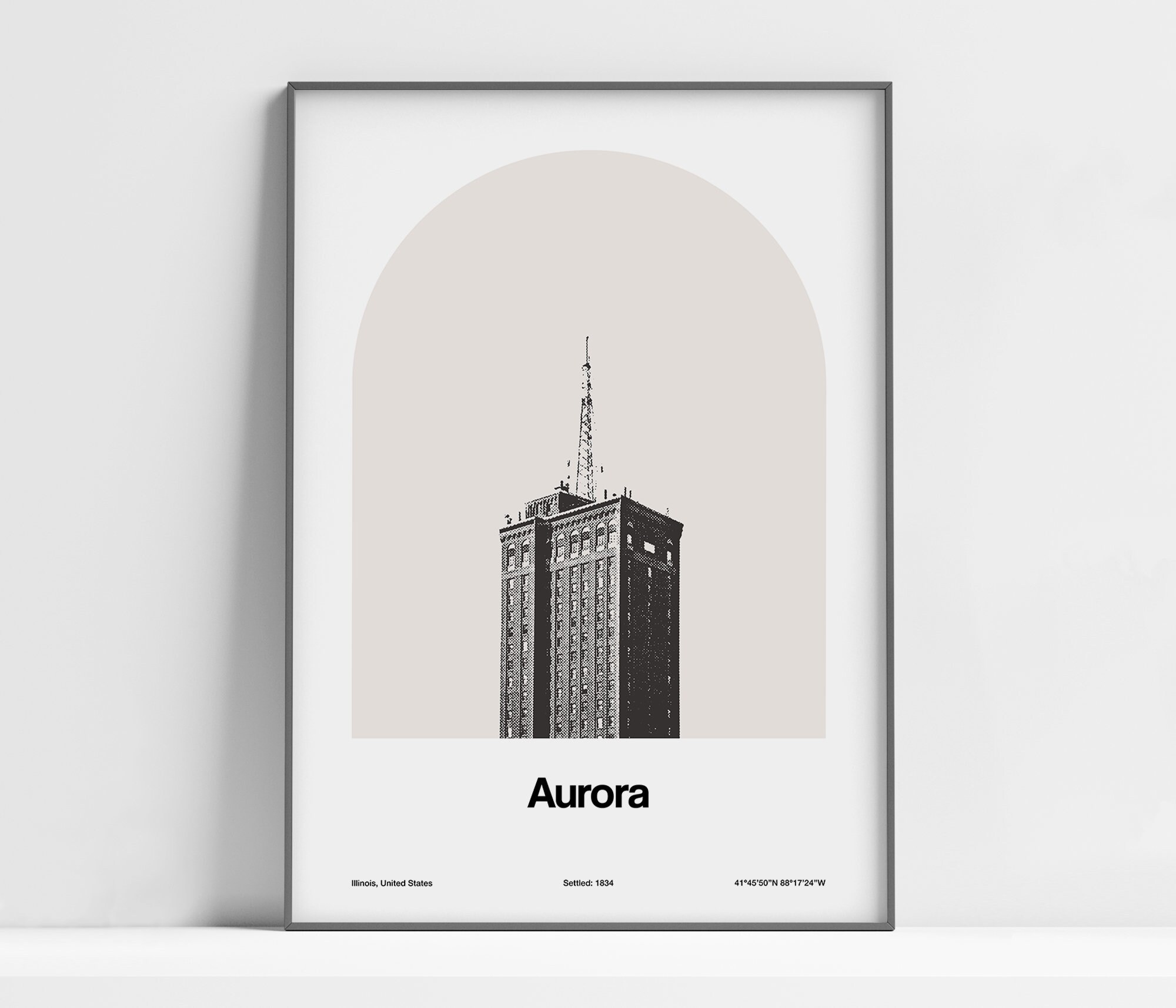 Downtown Aurora Illinois Poster, Aurora IL Print, Aurora Tower on Stolp Island Black White, Aurora IL Wall Art Minimalist Custom City Print