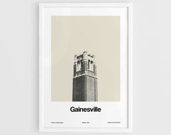 Gainesville FL Poster, Gainesville Florida Print, Gainesville Century Tower Skyline Black White Wall Art Minimalist College Town Print