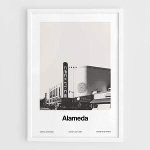 Alameda California Poster, Alameda CA Print, Alameda Theatre Photo CA, Alameda Black White Skyline Wall Art Minimalist Custom City Print